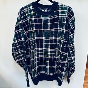 Woods & Gray Knit Sweater Men's Size Large Blue & Green Plaid Tartan Crew Neck